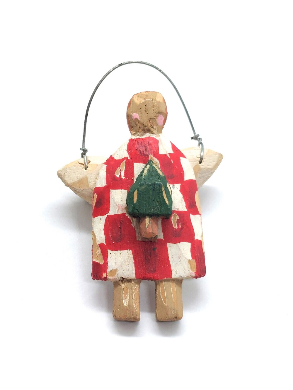Vintage Folk Art Wooden Angel Pin Christmas Handmade Checkered Birdhouse Lapel
